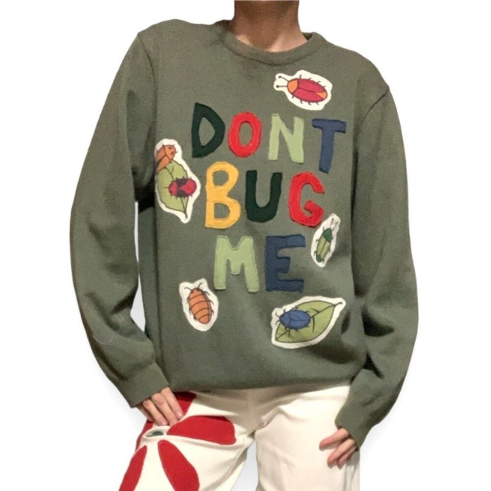 Custom Upcycled Zara Don’t Bug Me Green Beetle Patchwork Sweater M
